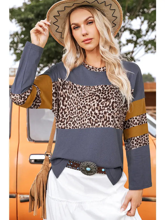 Western Leopard Colorblock Long Sleeve Drop Shoulder Top