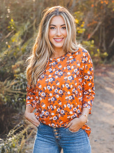 3/4 Sleeve Alex Top-Orange Floral