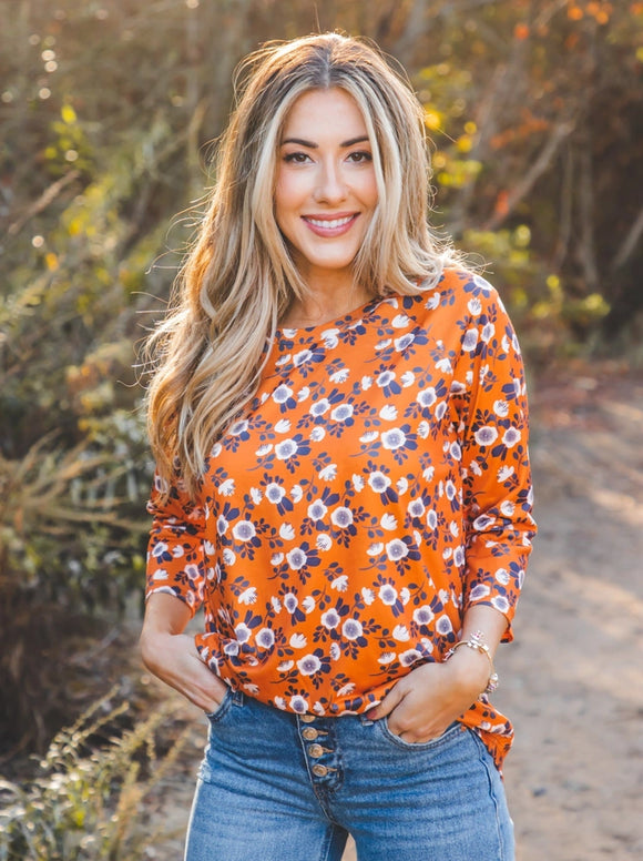 3/4 Sleeve Alex Top-Orange Floral