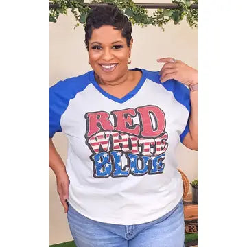 Red White an Blue Graphic V Neck