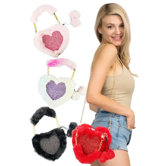Heart Glitter Faux Fur Crossbody Shoulder Bag