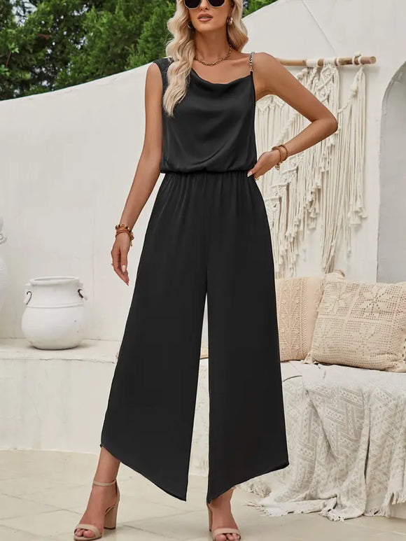 Solid Color Suspender Waist Wide Leg Jumpsuit