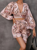 Printed Bubble Sleeves Hollow Out Waist Romper