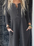 Button Long Sleeve Wide Leg Jumpsuit