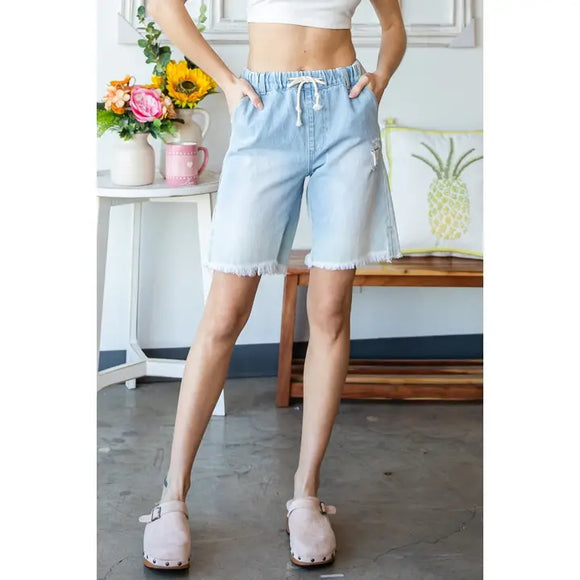Elastic Waist Denim Sweat Shorts