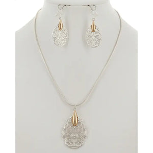 Silver & Gold Filigree Teardrop Pendant Necklace Set