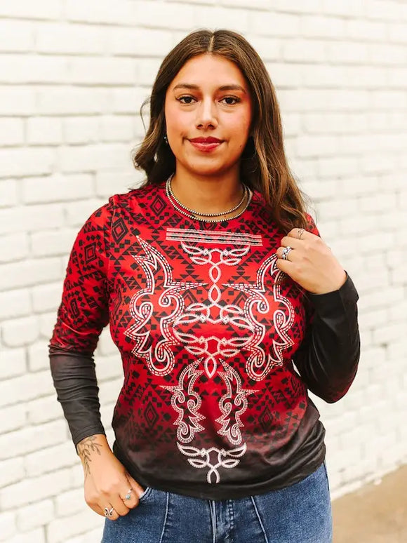 Plus Size Red Black Aztec Bootstitch Printed Long Sleeve Top