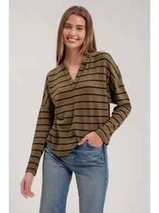 Stripe Exposed Seam Split Neck Knit Top