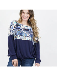 Plus Size Print Color Block Drawstring Blouson Top