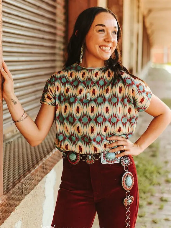 Plus Size Multi Aztec Printed Short Sleeve Dolman Top