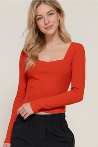 Long Slv Sweetheart Neck Seam Detail Knit Top