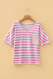 Stripe V Neck Patched Pocket Casual T Shirt
