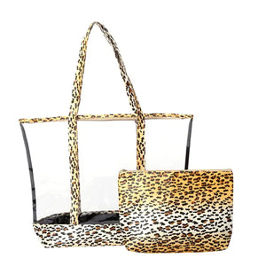 Ladies 2 Pcs Clear See Thru Animal Print Tote Handbag