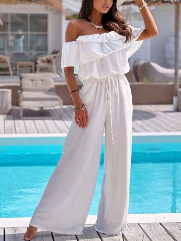 Line-Neck Wide-Leg Romper with Ruffles