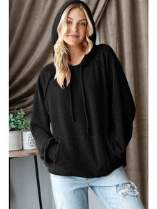 Long Puff Sleeve Solid Urban Ribbed Hoodie Top