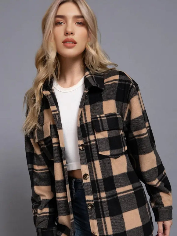 Long Sleeve Check Printed Fleece Shacket