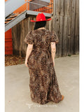 Brown Leopard Puff Short Sleeve Overlap Slit Hem Maxi Dress