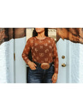 Brown Beige Branded Burnout Mesh Long Sleeve Top