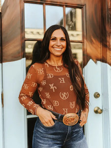 Brown Beige Branded Burnout Mesh Long Sleeve Top