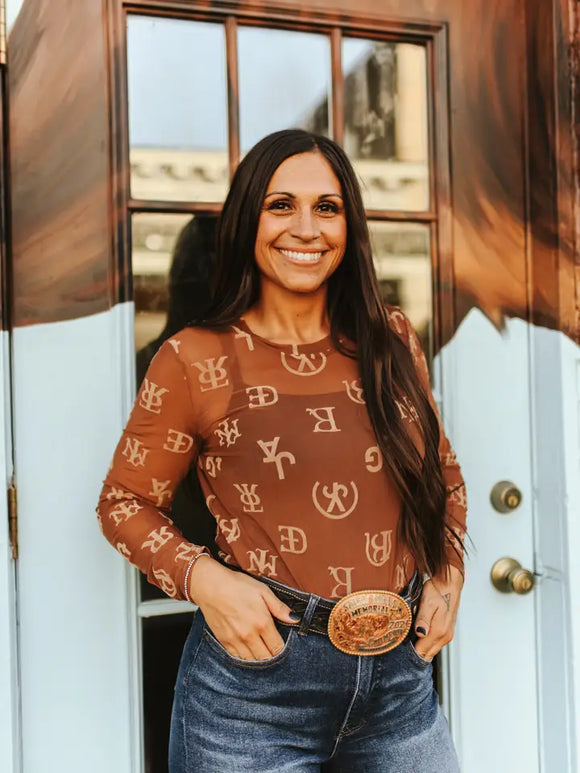 Brown Beige Branded Burnout Mesh Long Sleeve Top