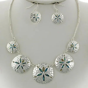 Glitter Blue Sand Dollar Metal Necklace Set