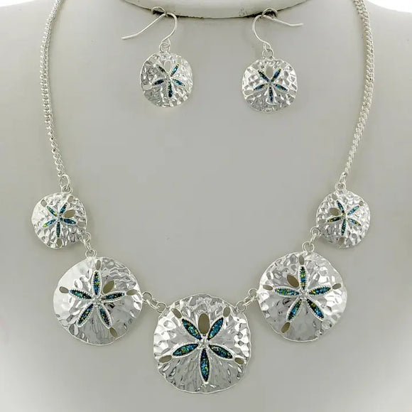 Glitter Blue Sand Dollar Metal Necklace Set