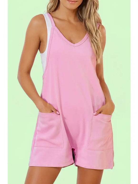 Sleeveless Pocketed V Neck Jersey Romper