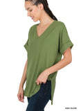 Brushed Dty Rolled Short Sleeve V Neck Top