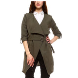 Womens Casual Long Blazer Jacket with Belt-Olive