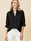 Scalloped Trim Puff Sleeve Split Neck Blouse