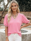Plus Size Solid Color V Neck Short Puff Sleeve Blouse