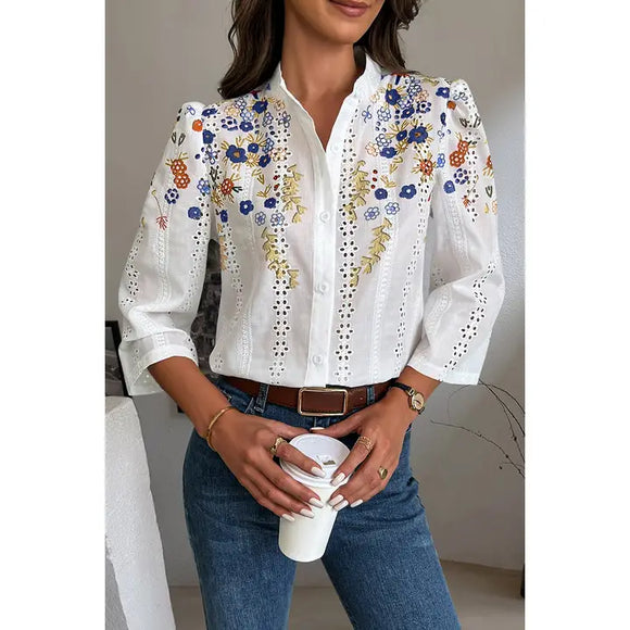 Floral Hollow Out Button Down Long Sleeve Blouse