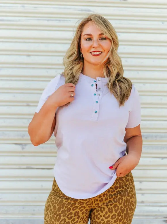 Plus Size Lavender Sleeve Turquoise Snap Button Down T-Shirt