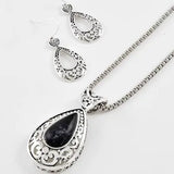 Onyx Stone Filigree Teardrop Metal Necklace Set