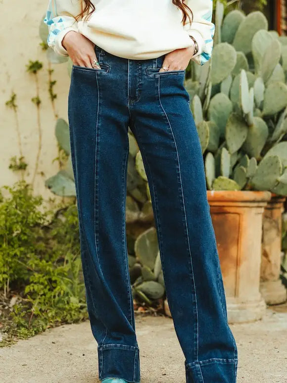 Dark Wash Mid Rise Bootcut Jeans W Front Pockets