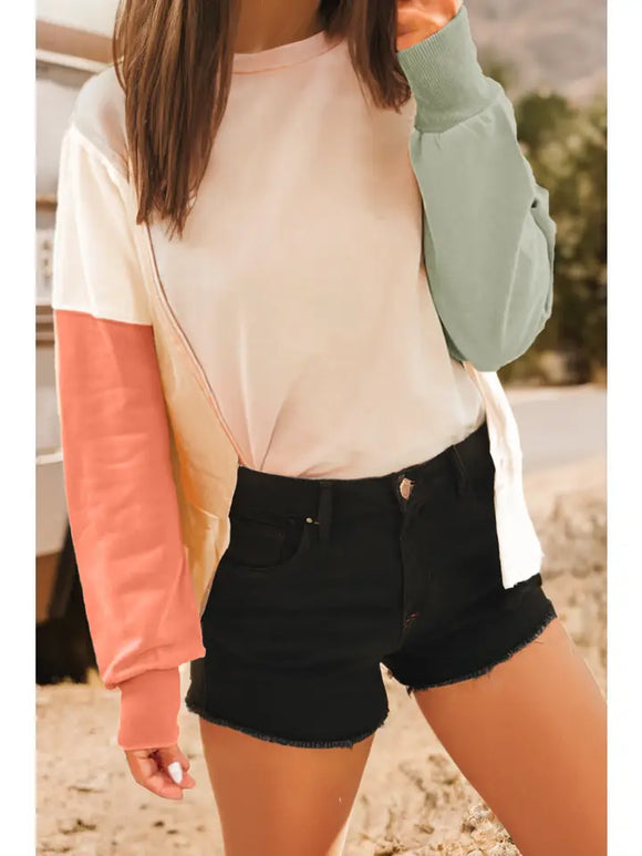 Fashion-W Color Block Patchwork Split Hem Casual Sweatshirt