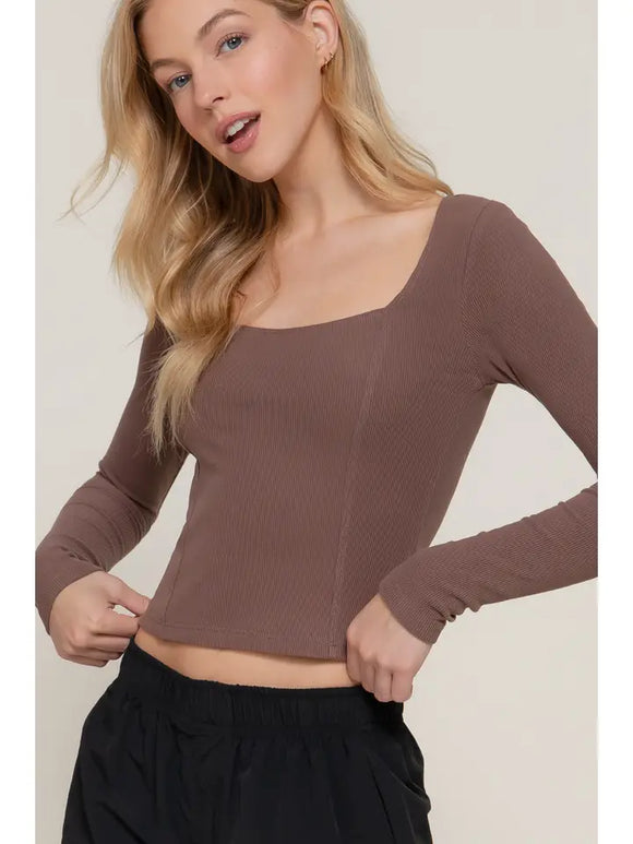 Long Slv Sweetheart Neck Seam Detail Knit Top