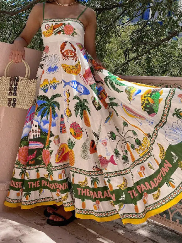 Tropical Summer Print Square Neck Maxi Slip Dress