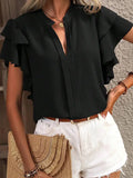 Plain V Neck Dual Ruffles Sleeves Blouse