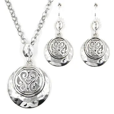 Filigree Heart Cut Out Round Metal Pendant Set