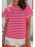 Scalloped Trim Round Neck Stripe T Shirt