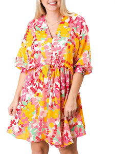 Tilly Dress-PINK AN ORANGE WILDFLOWER PRINT