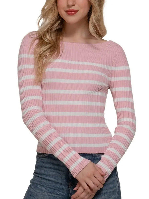 Long Slv Boat Neck Stripe Sweater