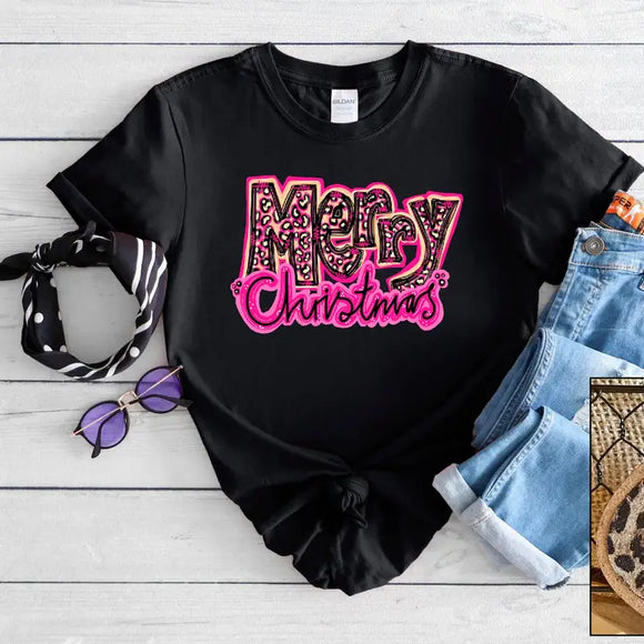 Pink Leopard Merry Christmas Tee