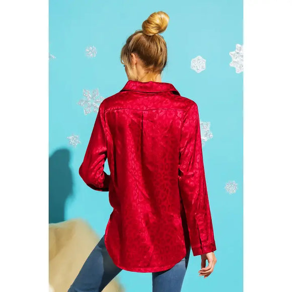 Satin Leopard Print Button Down Top