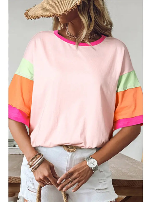 Color Block Stitching Sleeve Round Neck Oversize Top