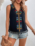 Tassel Trim V-Neck Tank Top Comfy Sleeveless