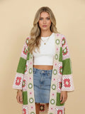 Granny Square Crochet Open-Front Long Cardigan