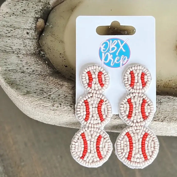 TRIPLE BASEBALL SEED BEADED DROP EARRINGS