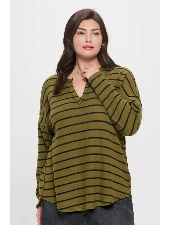 Plus Stripe Exposed Seam Split Neck Knit Top